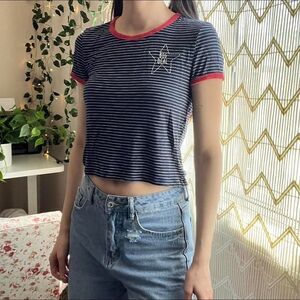 Aerie Blue Red White Stripe Embroidered Star Cropped T Shirt